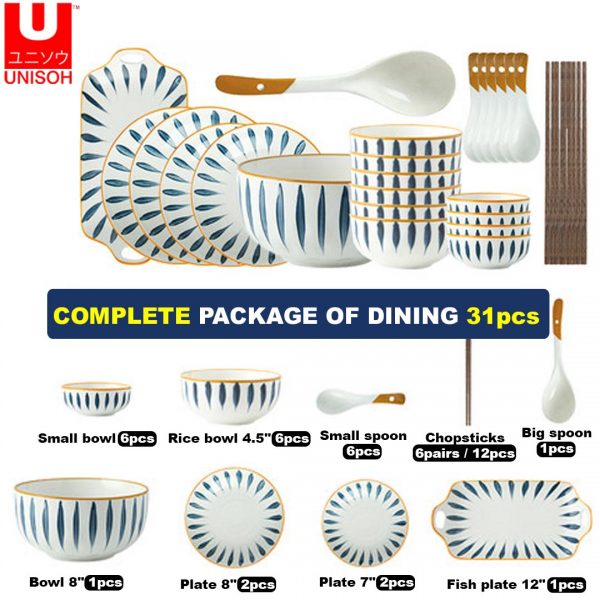 UNISOH 31Pcs Ceramic Dinnerware Tableware Set Plate Bowl Set